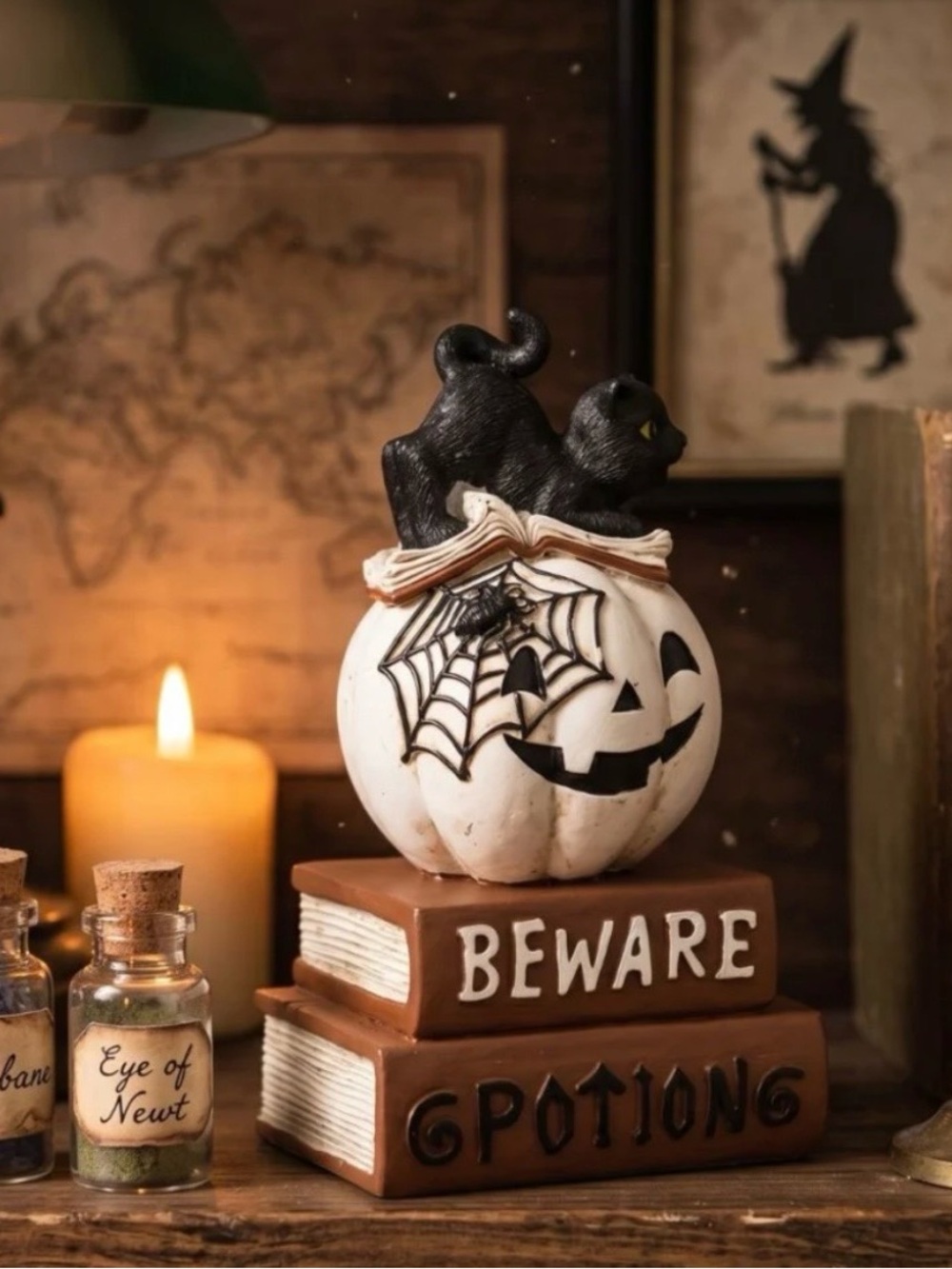 Halloween Black Cat Figurine on Pumpkin & Potion Books Spooky Decor 7.25” Tall